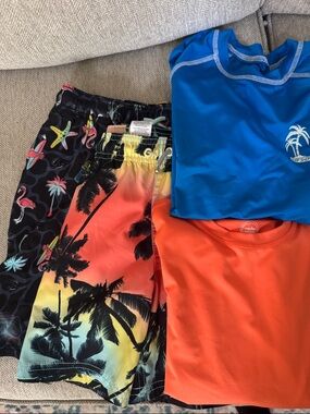 Boys Tropical Swim Set - Blue Rash Guard & Palm Print Boardshorts